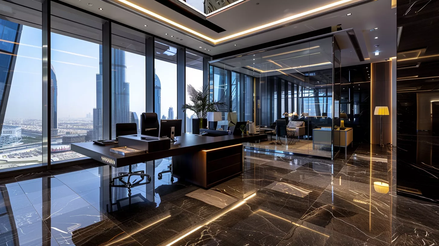 تصميم مكتب إداري حديث في السعودية بمساحات عملية وإضاءة طبيعية مثالي لرواد الأعمال والشركات الناشئة	